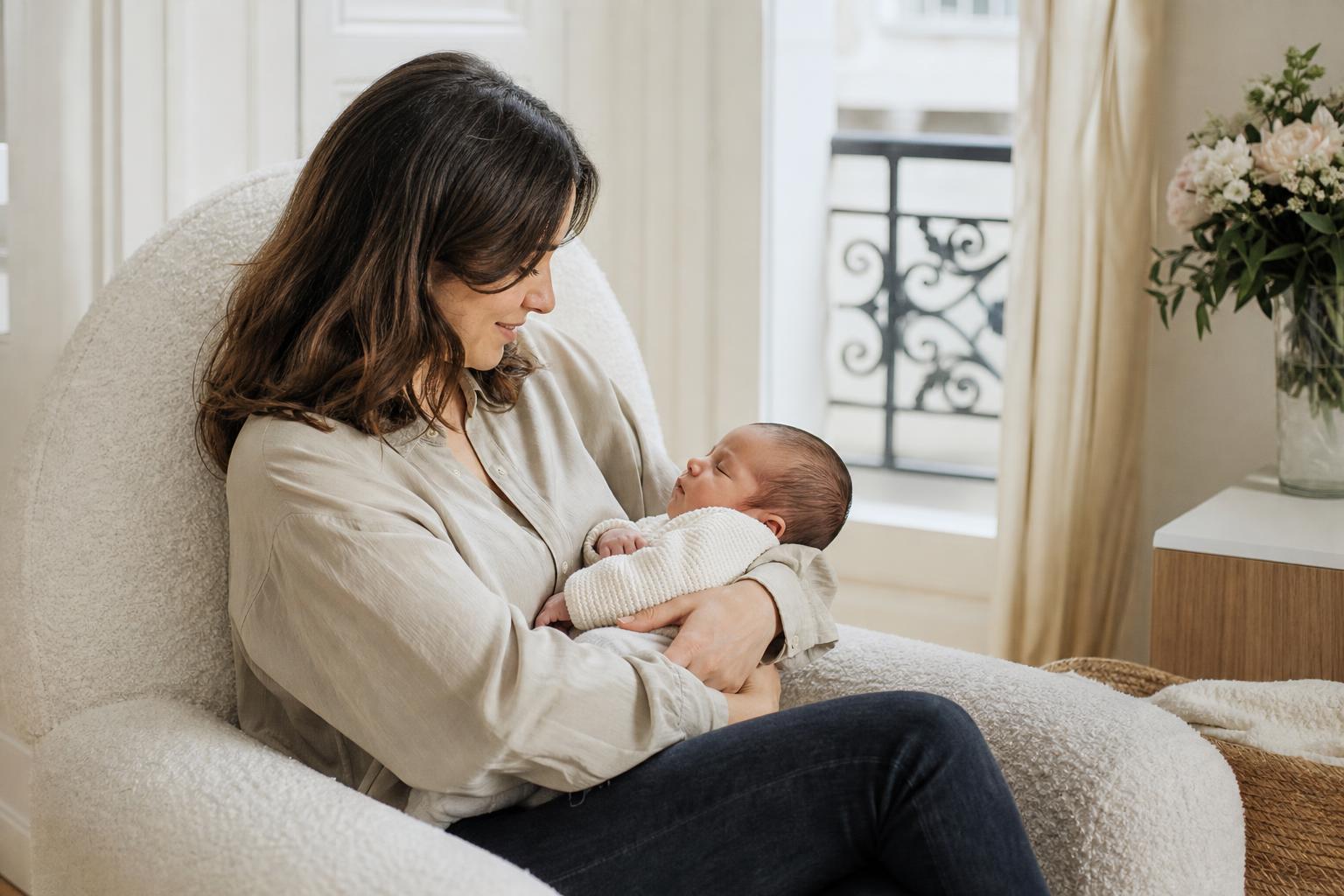 Mère observant les signes de faim de son bébé avant une tétée