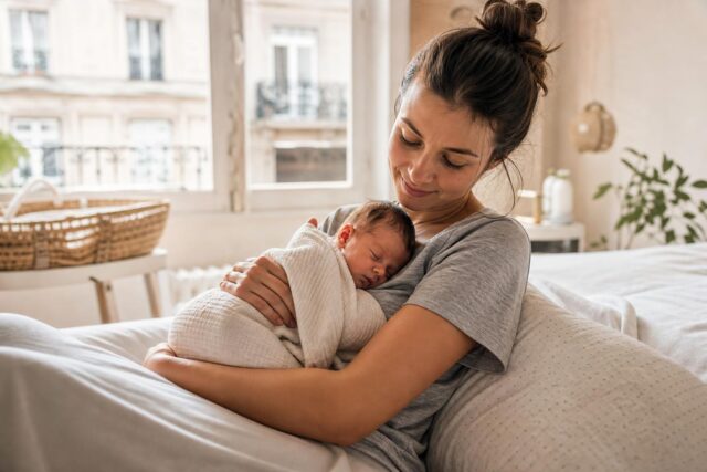 Mère allaitant son nouveau-né confortablement pendant la première semaine après la naissance