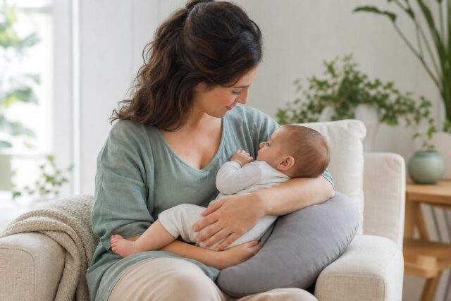 Mère installée confortablement pour allaiter son bébé avec le dos et les bras soutenus