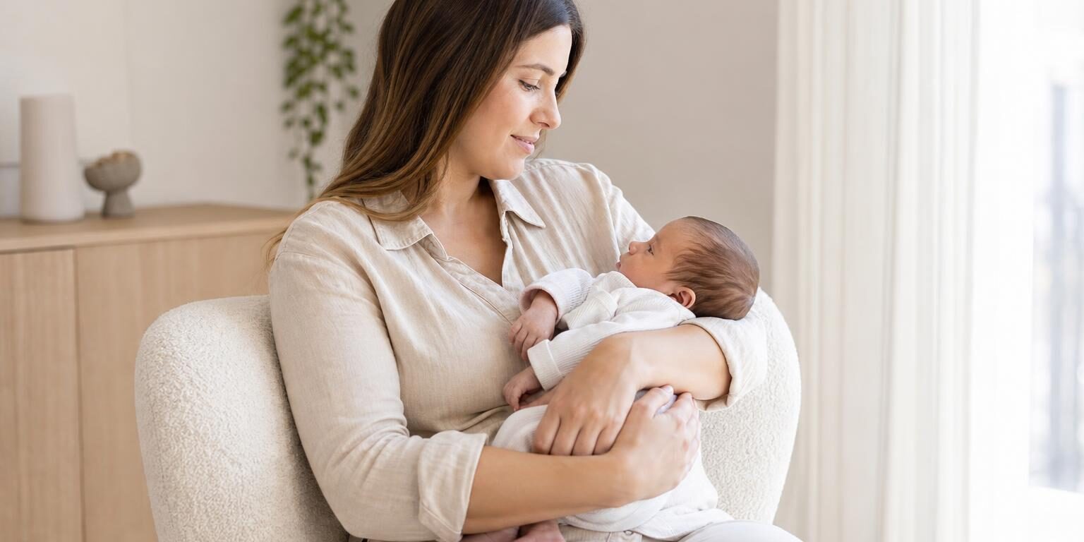 Combien de temps dure une tétée ? Les repères utiles Mère confortablement installée observant son bébé pendant une tétée au sein