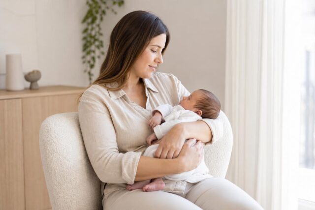 Mère confortablement installée observant son bébé pendant une tétée au sein